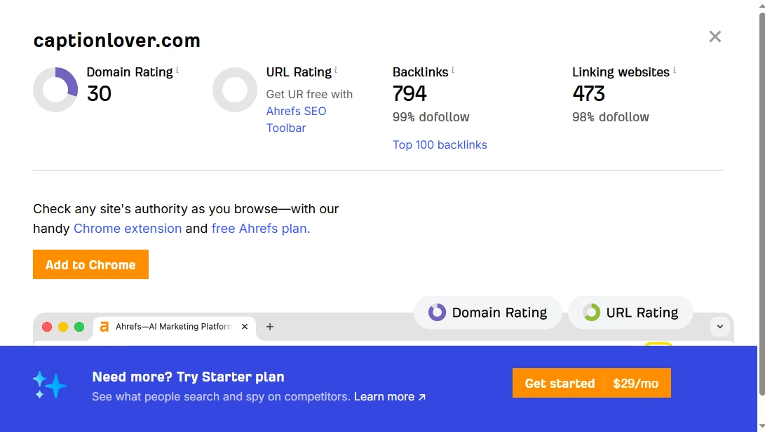 Captionlover Domain Rating Captionlover.com Domain Rating DR30 এবং ব্যাকলিংক প্রোফাইল রিপোর্ট